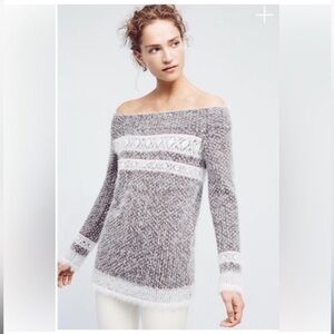 Anthropologie Gray & Cr eam Fuzzy Fair Isle Crewneck Sweater